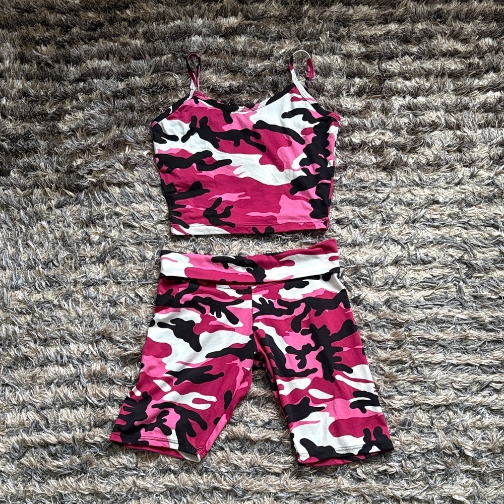 Pink Camo Spaghetti Strap Crop Top & Fold Over Waist Shorts Set Size S